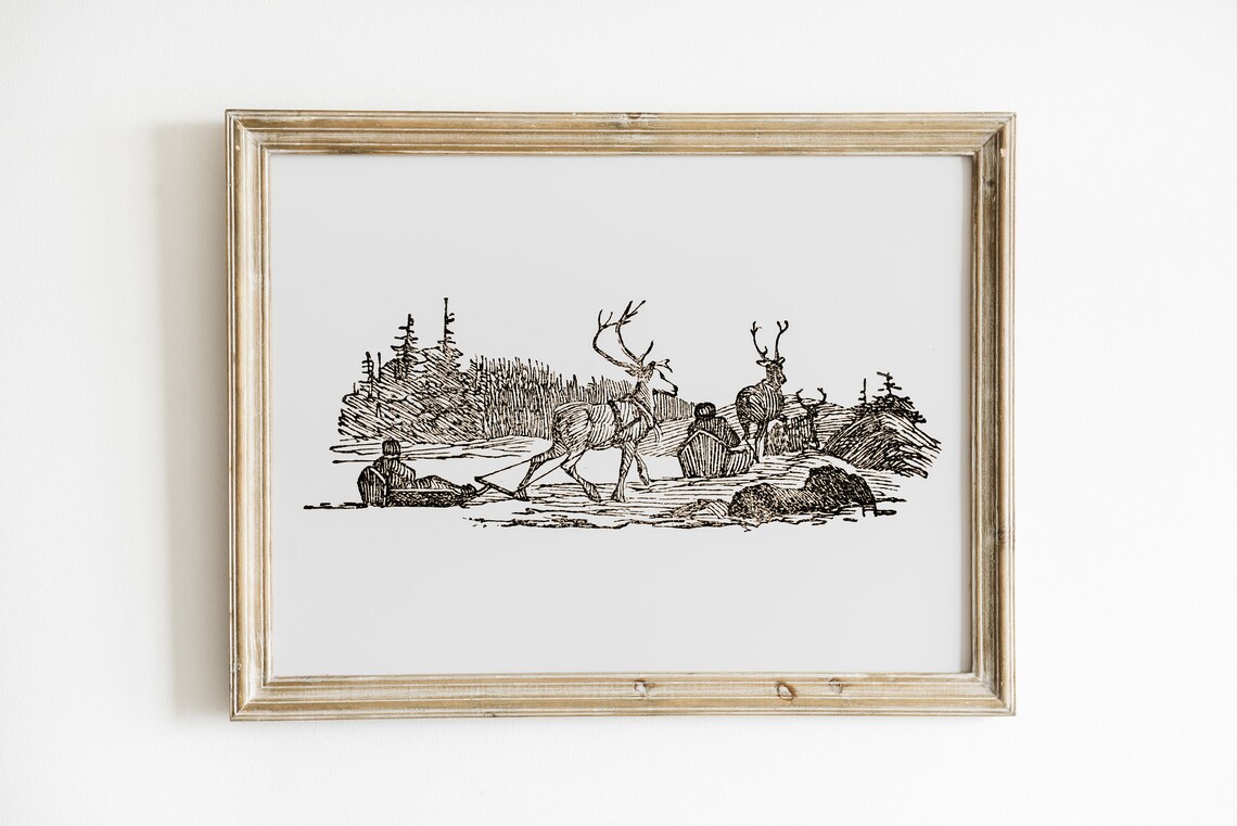 Reindeer Sketch Painting Christmas Vintage Art Print
