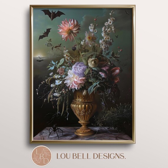 Dark Floral Still Life Bats Spider Gothic Halloween Art Poster