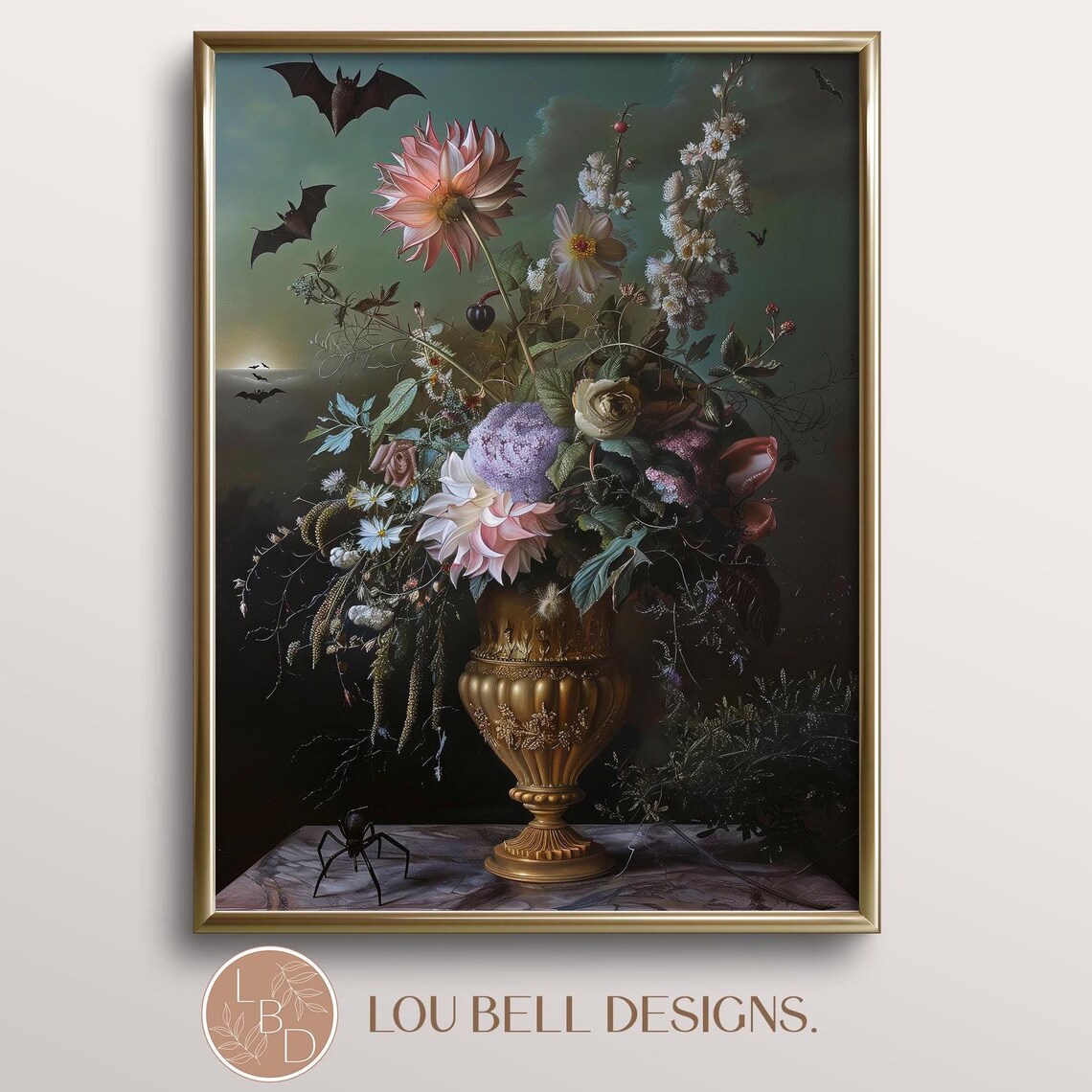 Dark Floral Still Life Bats Spider Gothic Halloween Art Poster