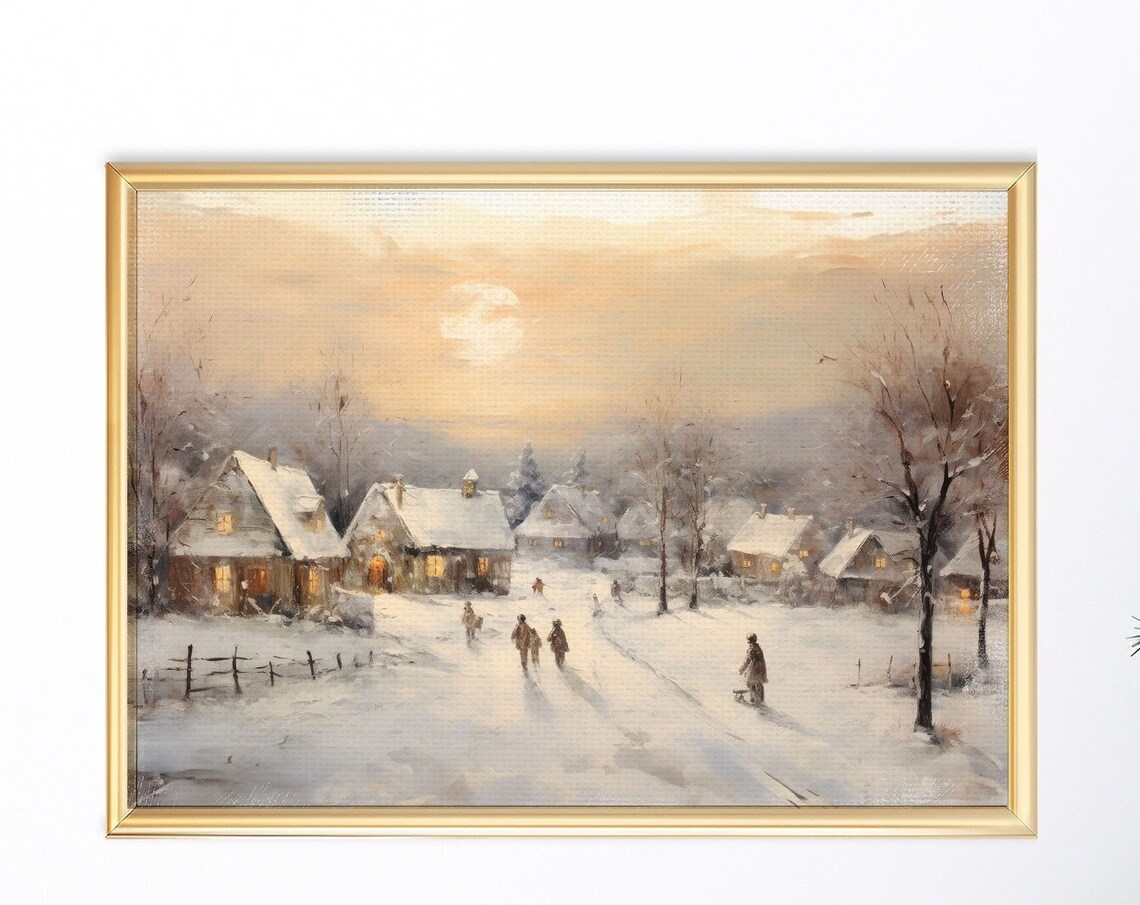 Vintage Snowy Village Moonrise Winter Scene Oil Painting Poster