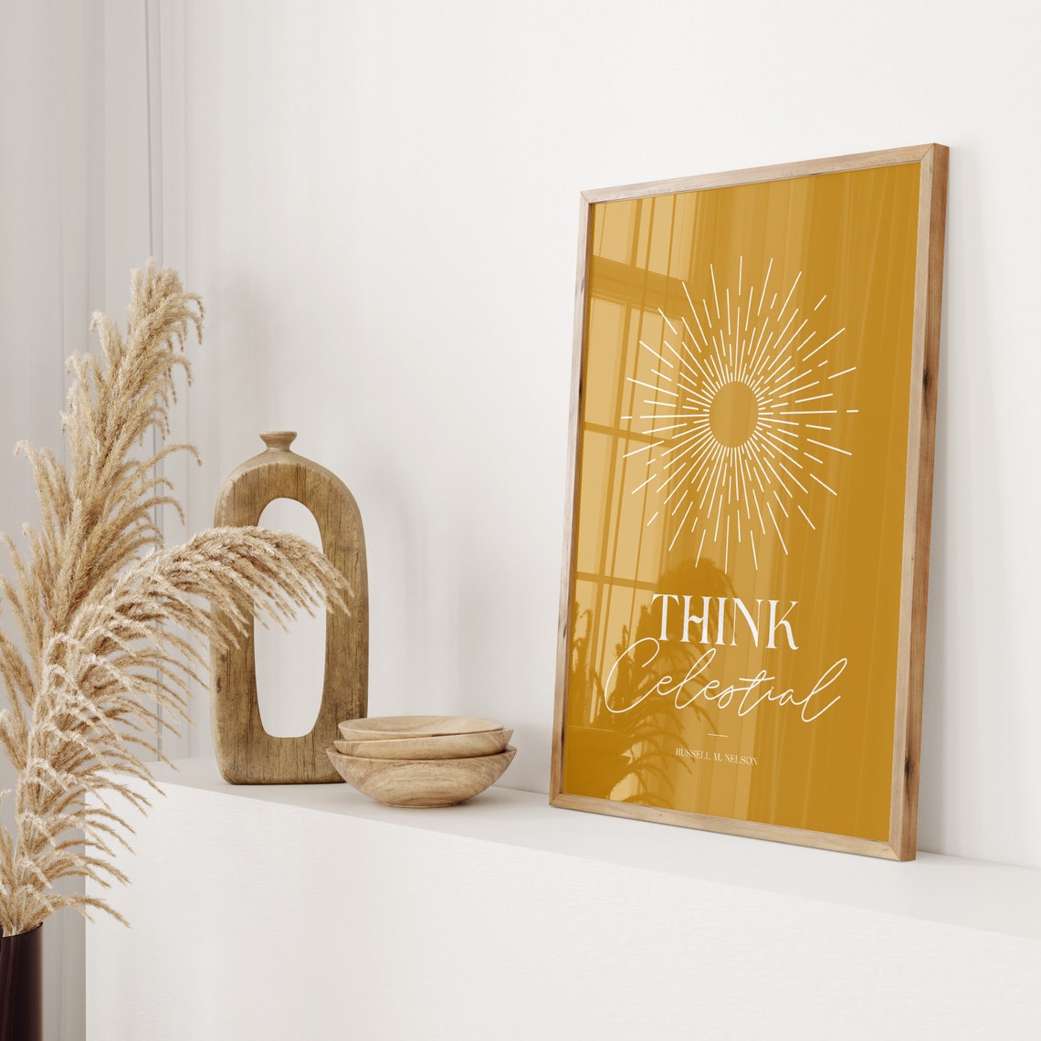 Think Celestial Mustard Sunburst Russell M Nelson Quote Poster - Image 2