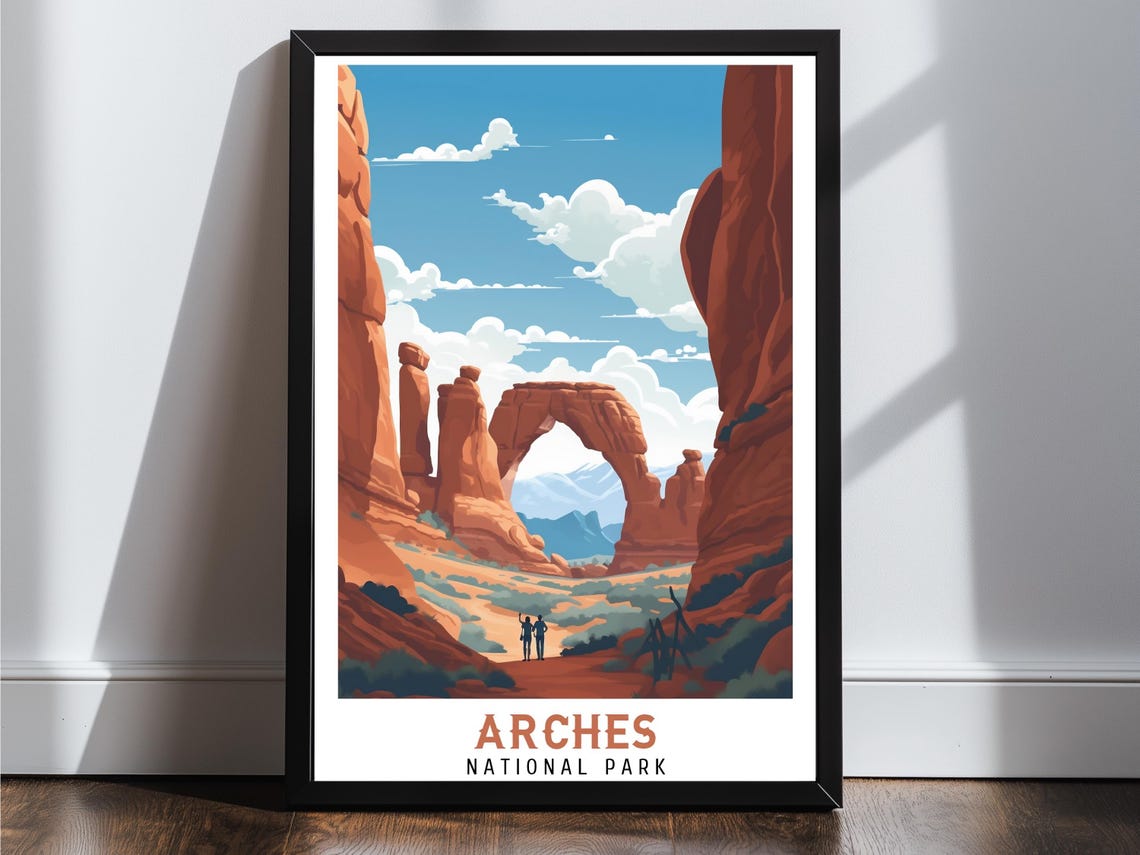 Arches National Park Red Rock Desert Arch Hikers Vintage Poster