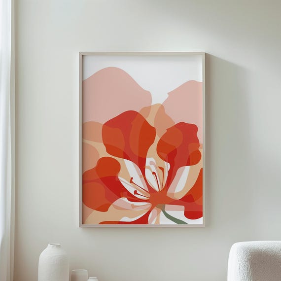 Botanical Wall Art Abstract Red Flower Modern Decor Floral Print Contemporary Home For Living Room Unique Gift