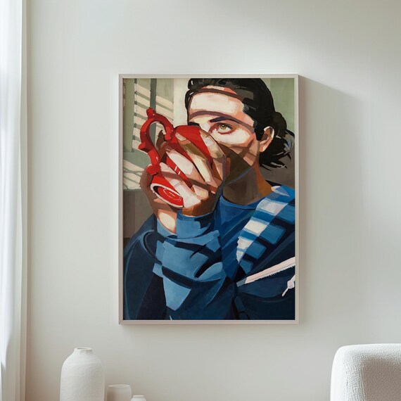 Morning Coffee Woman Drinking Red Cup Sunlight Cozy Kitchen Art Poster