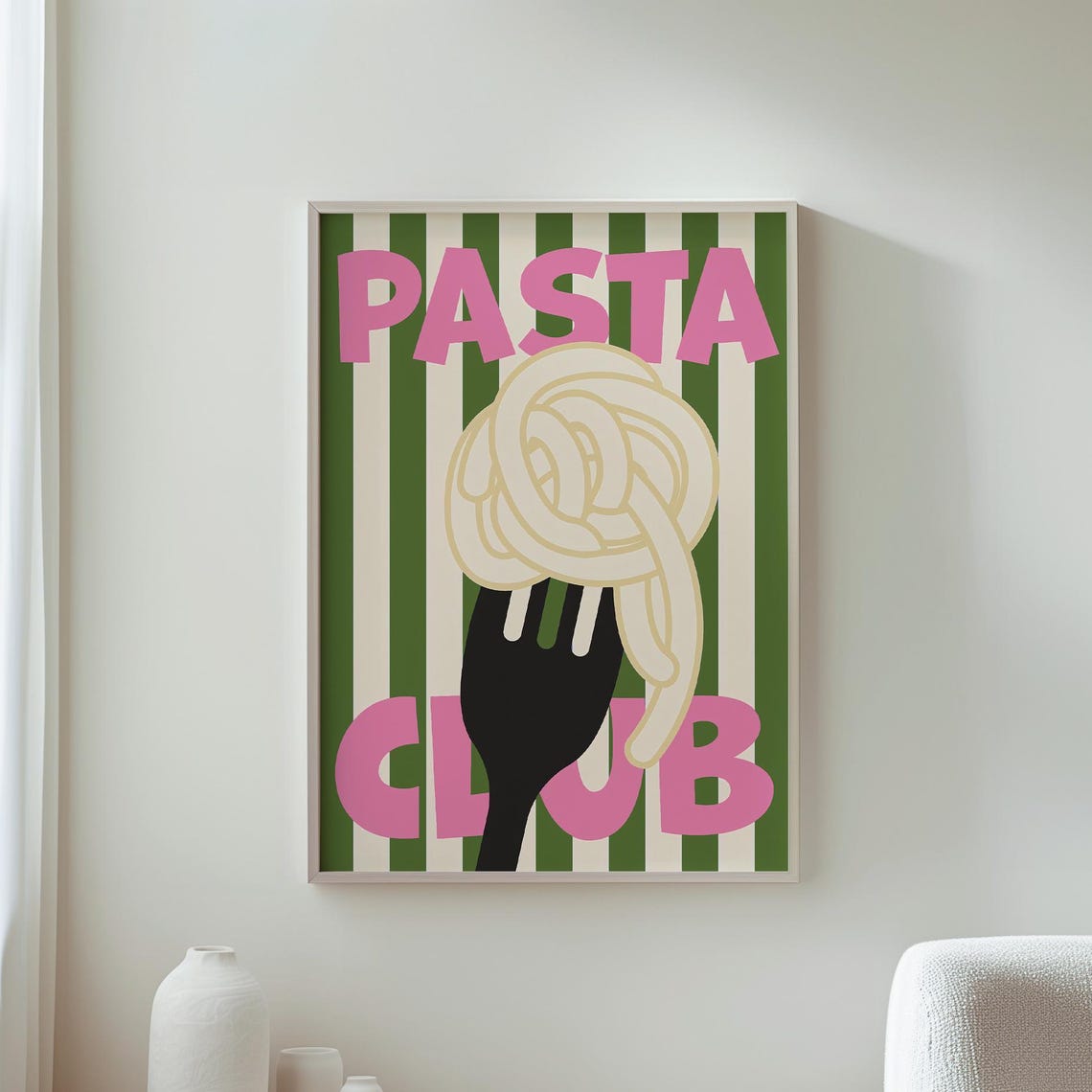 Pasta Club Pink Typography Green Stripe Fork Kitchen Foodie Art Poster
