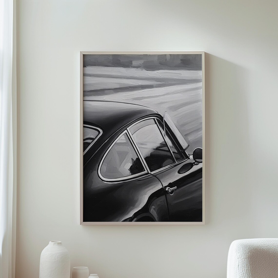 Classic Black Sports Car Oil Painting Monochrome Vintage Poster