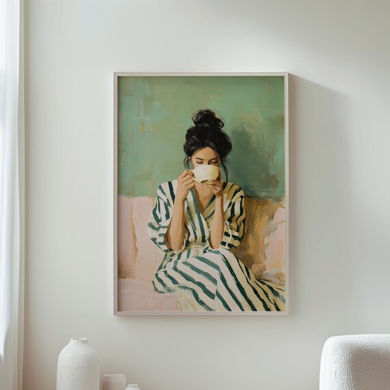 Woman Drinking Tea Striped Robe Cozy Morning Painterly Poster