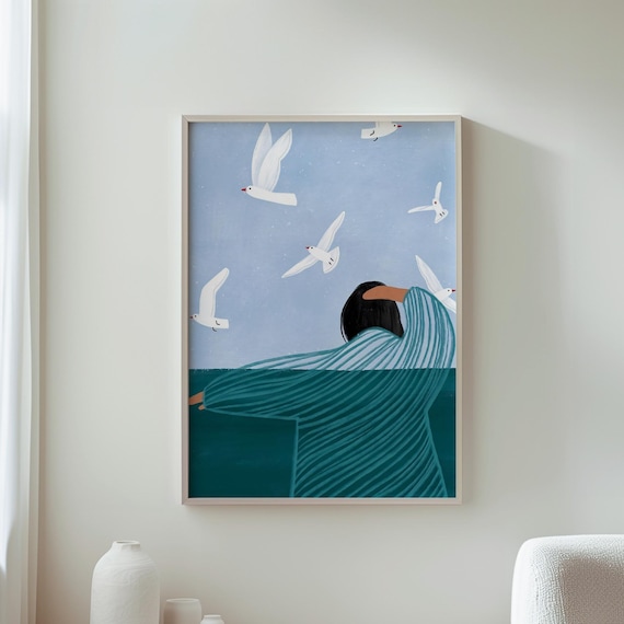 Seaside Woman Seagull Ocean Breeze Whimsical Coastal Illustration Poster