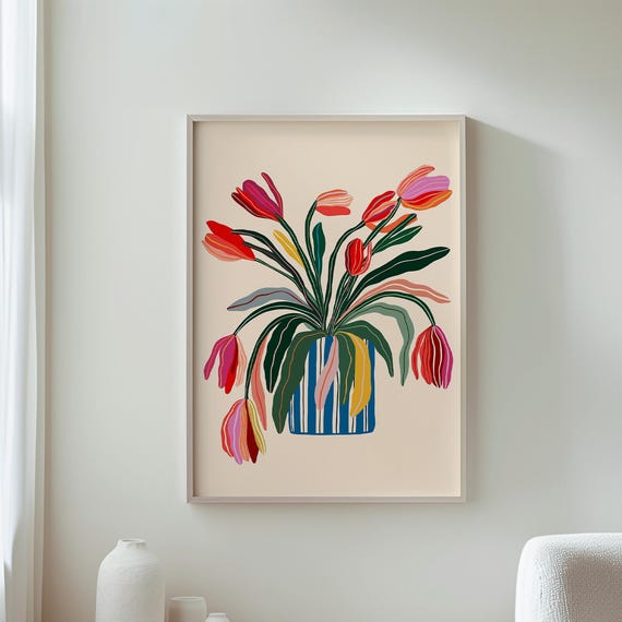 Tulip Art Colorful Abstract Tulips Floral Print Striped Vase Poster Home Decor Modern Wall Vibrant Flower