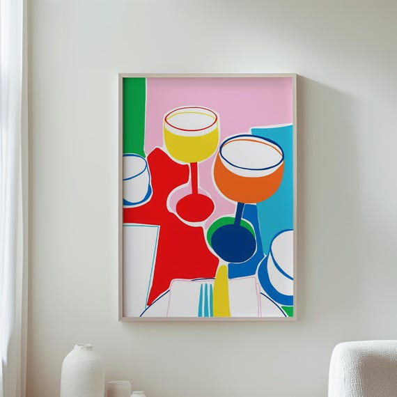 Colorful Wine Art Abstract Dining Modern Kitchen Decor Vibrant Glasses Print Wall Room For Fo