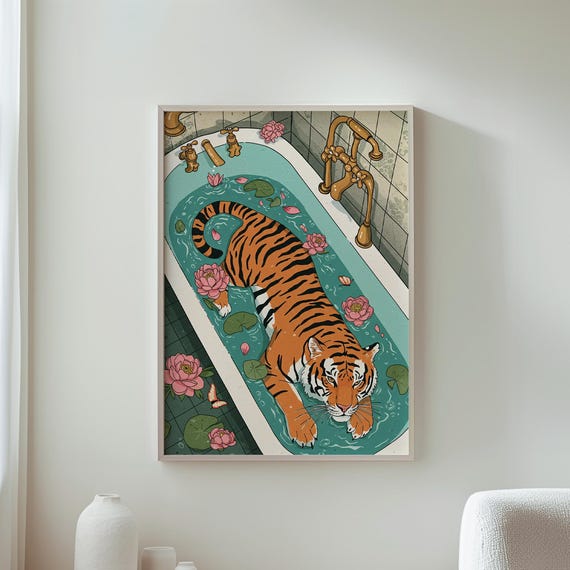 Whimsical Tiger Wall Art Floral Bath Animal Cute Home Decor Nursery Gift For Lovers