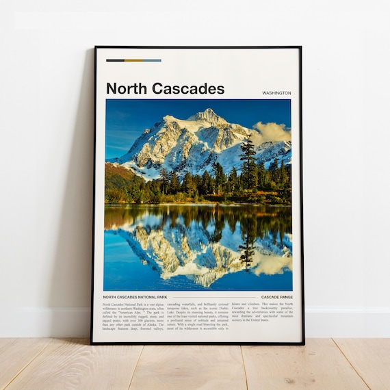 North Cascades Washington Snowy Peak Mirror Lake Minimal Travel Poster