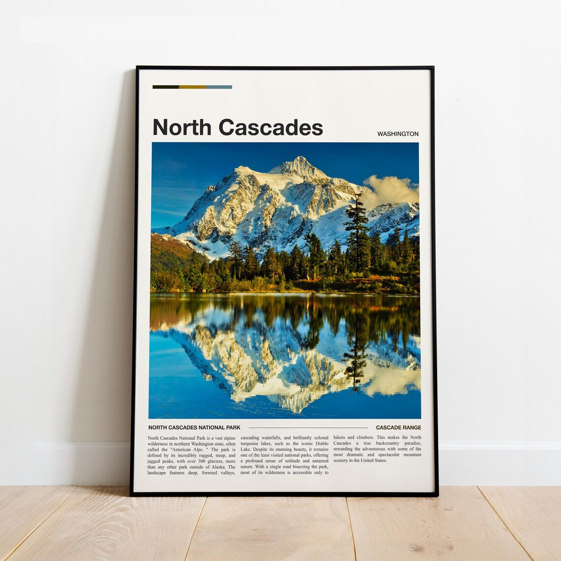 North Cascades Washington Snowy Peak Mirror Lake Minimal Travel Poster