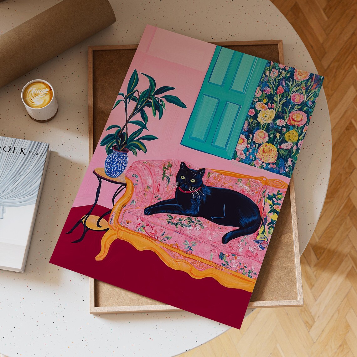 Black Cat Lounging on a Pink Floral Sofa in Pop Art Style Poster - Image 4
