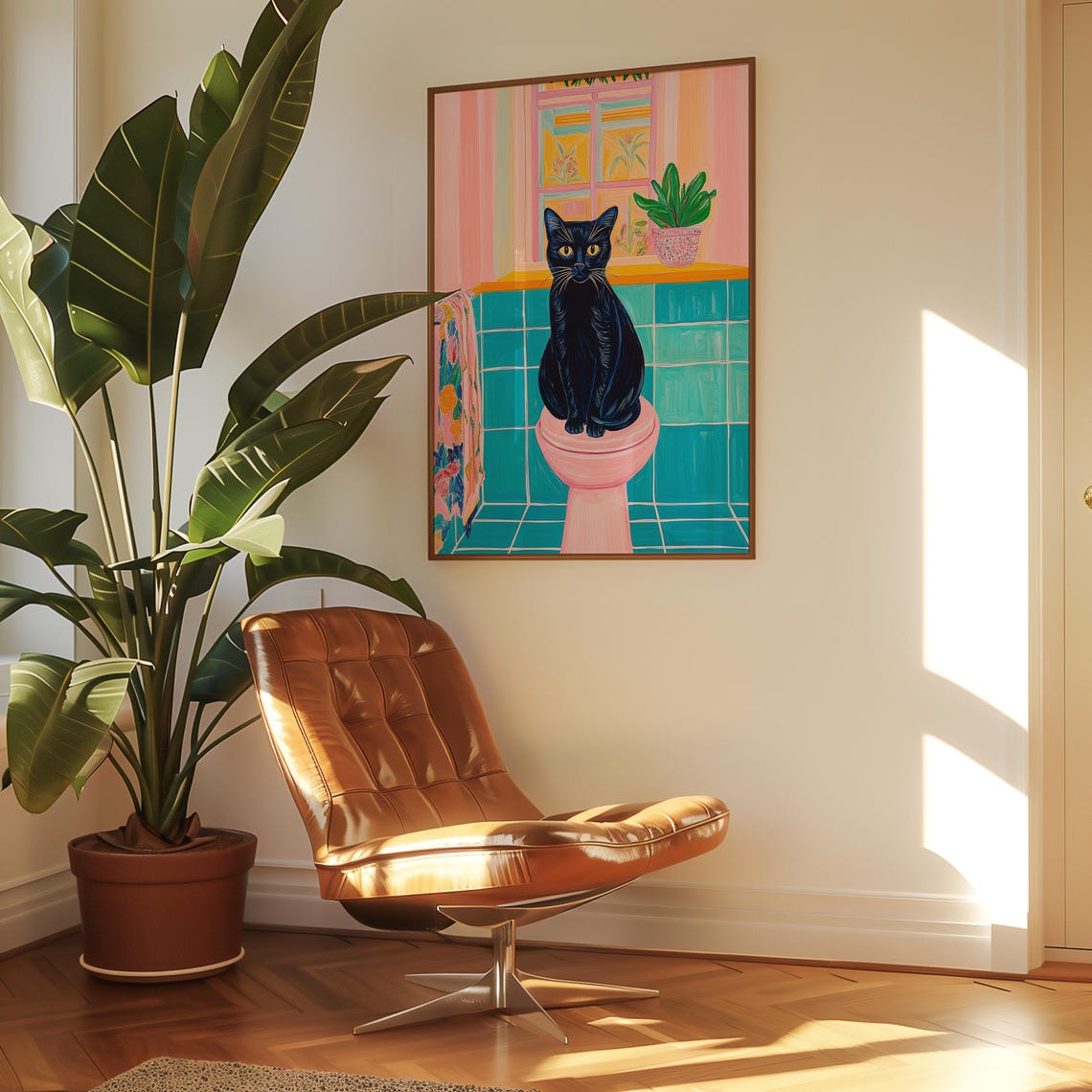 Black Cat on Pink Toilet Seat in a Teal Tiled Bathroom Poster - Image 5