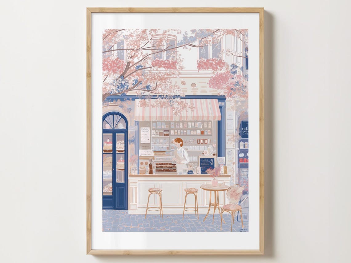 Pastry Counter with a Barista in Spring Bloom Cafe Art Poster