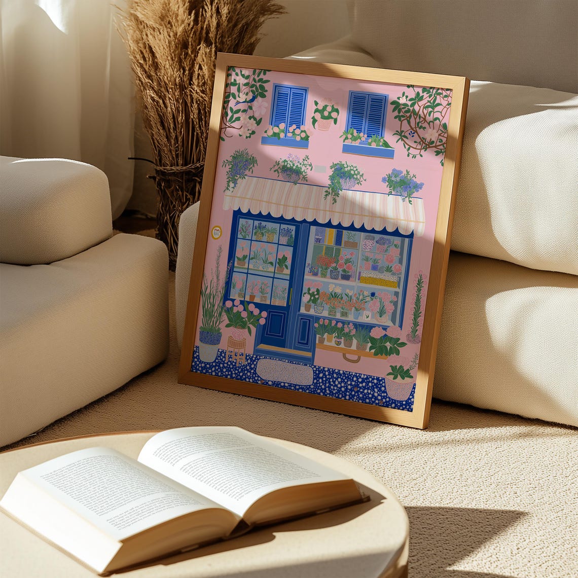 Pink Flower Shop Storefront With Blue Door and Striped Awning Print - Image 5