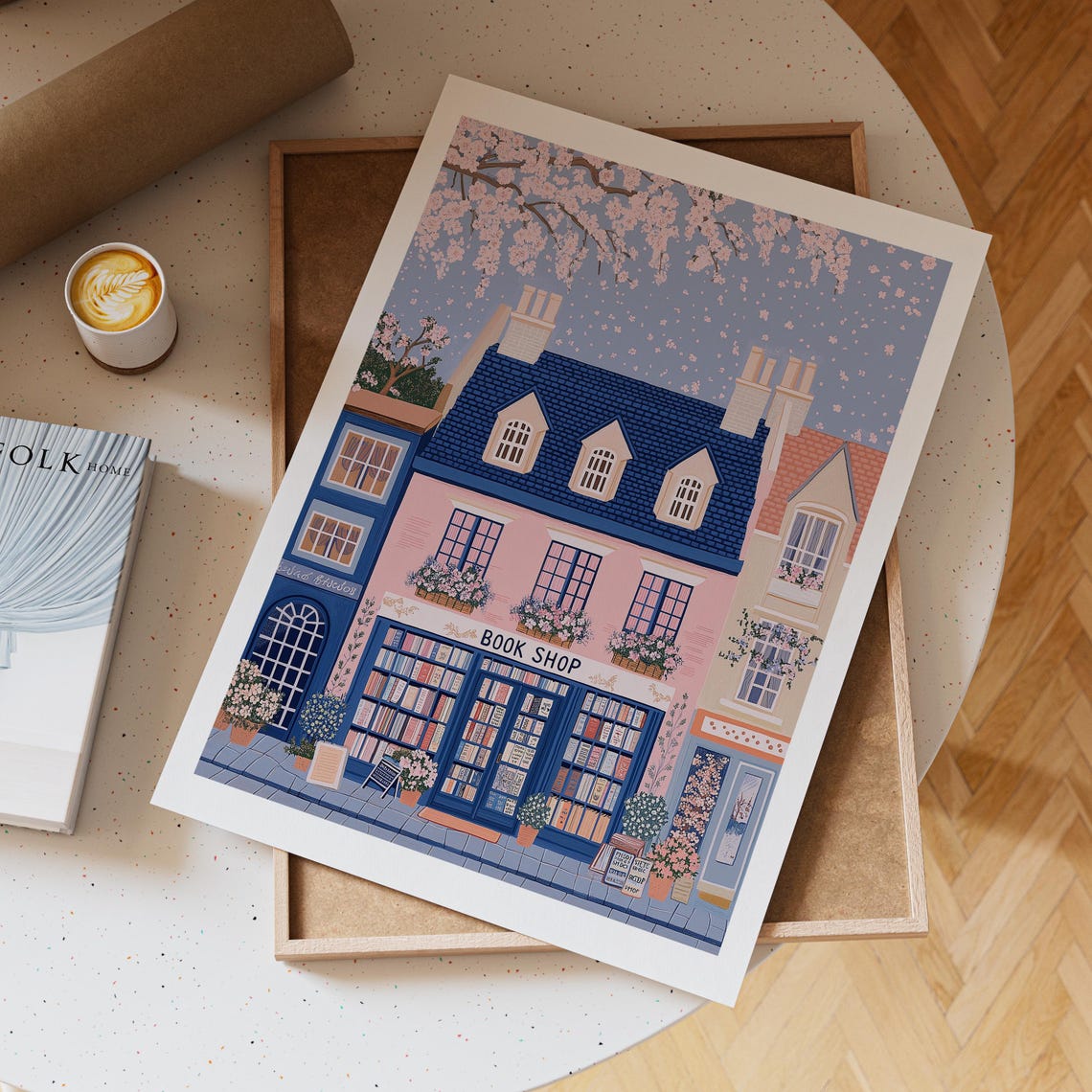Pink And Blue Corner Bookshop Under Cherry Blossom Branches Poster - Image 6
