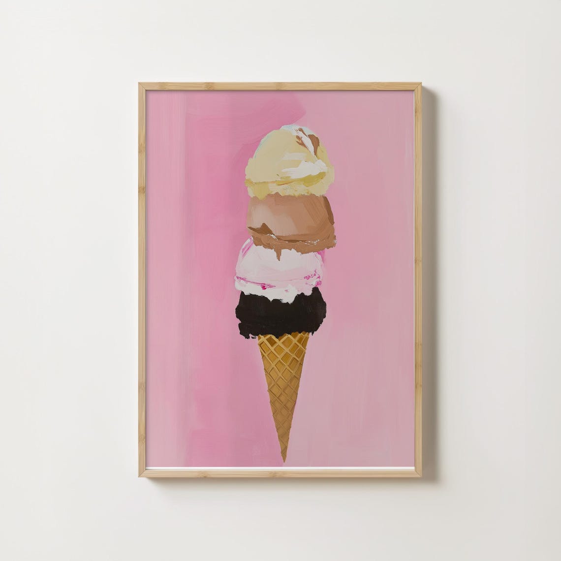 Four Scoop Ice Cream Cone Painting on Pink Background Poster