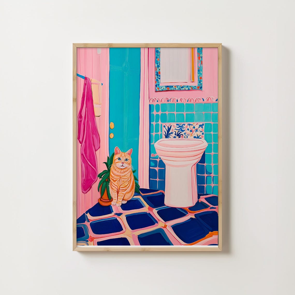 Orange Tabby Cat Beside a Pink Sink in a Bold Bathroom Poster - Image 4