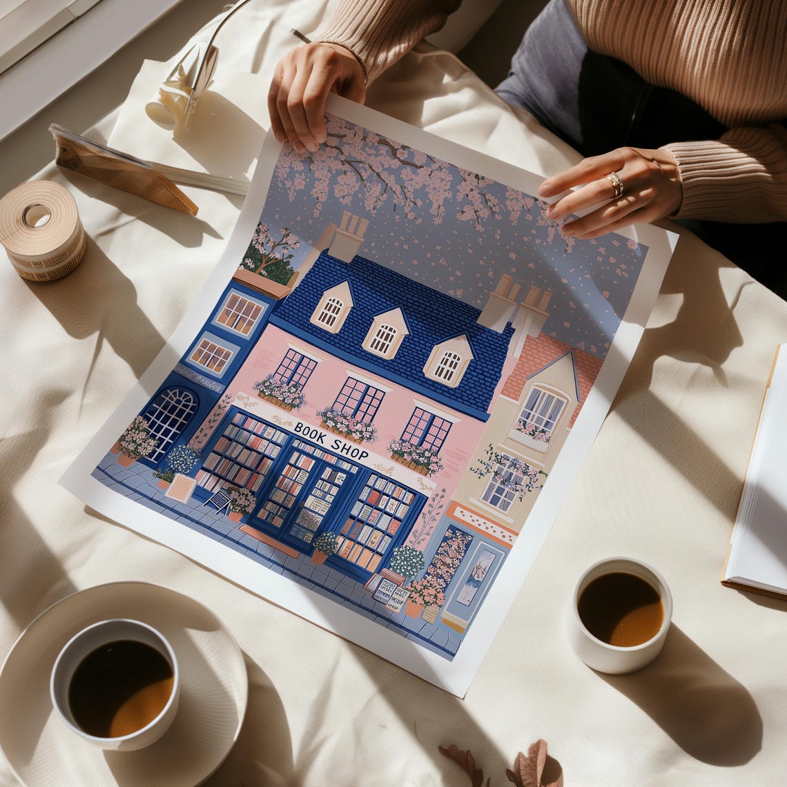 Pink And Blue Corner Bookshop Under Cherry Blossom Branches Poster - Image 2