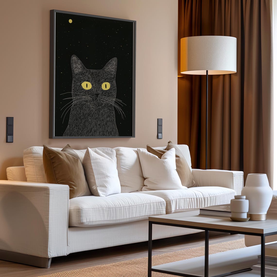 Black Cat With Yellow Eyes Staring Under A Starry Night Sky Poster - Image 4