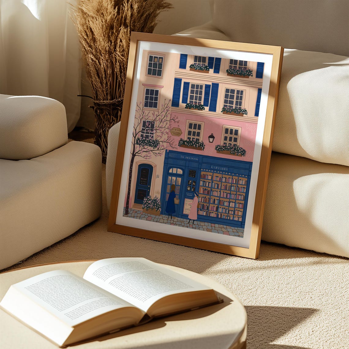 Pink Parisian Bookshop Storefront With Blue Facade Illust Art Poster - Image 5