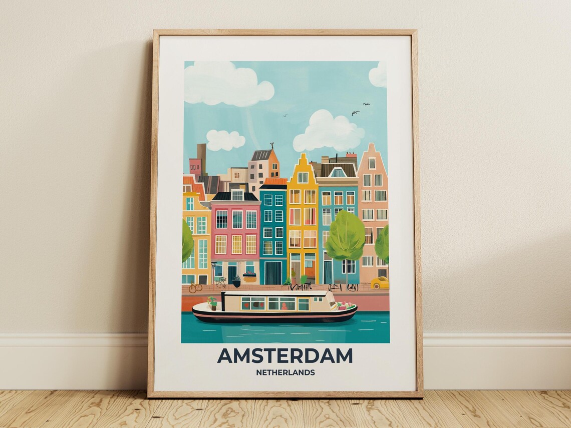 Amsterdam Netherlands Travel Poster With Canal Houses and Boat