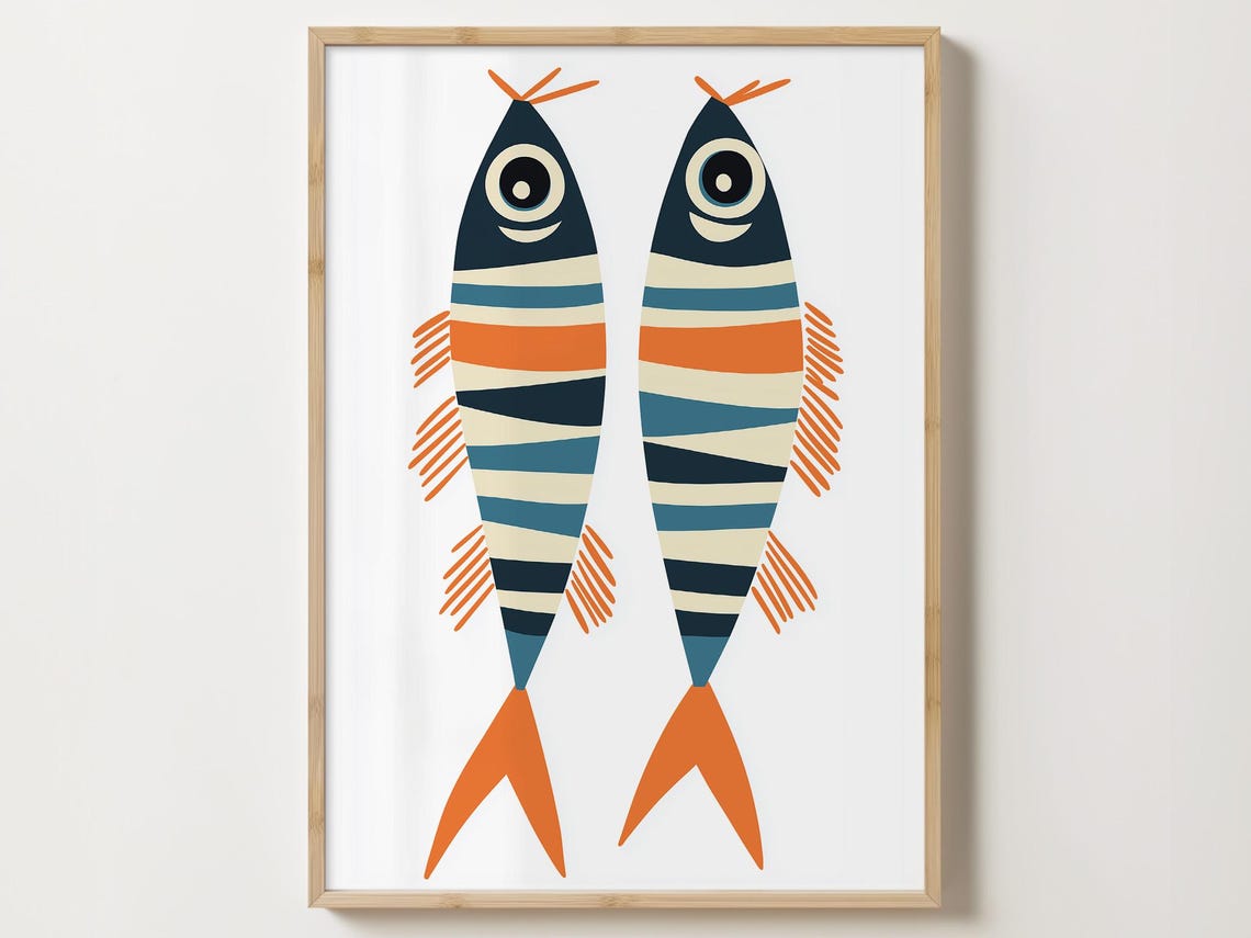 Pair Of Striped Fish In Navy Orange And Cream Minimal Wall Poster
