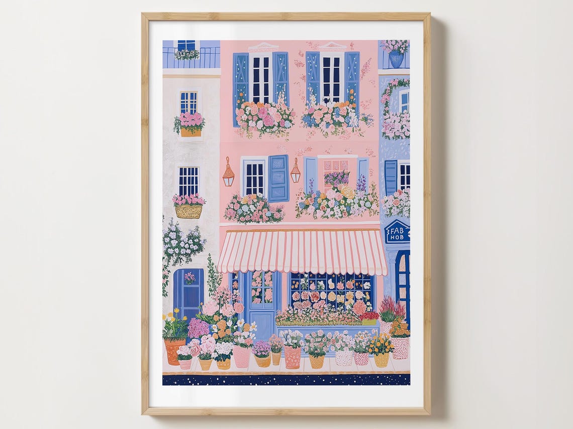 Pink And Blue Flower Shop Front With Striped Awning And Blooms Poster