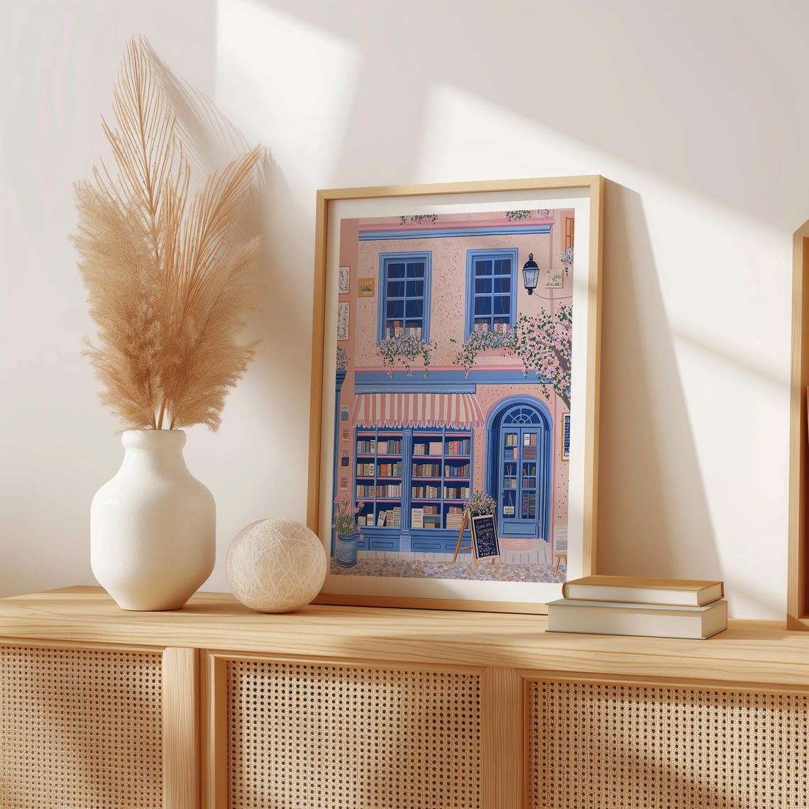 Blue Bookshop Facade With Striped Awning And Blossom Tree Art Poster - Image 2