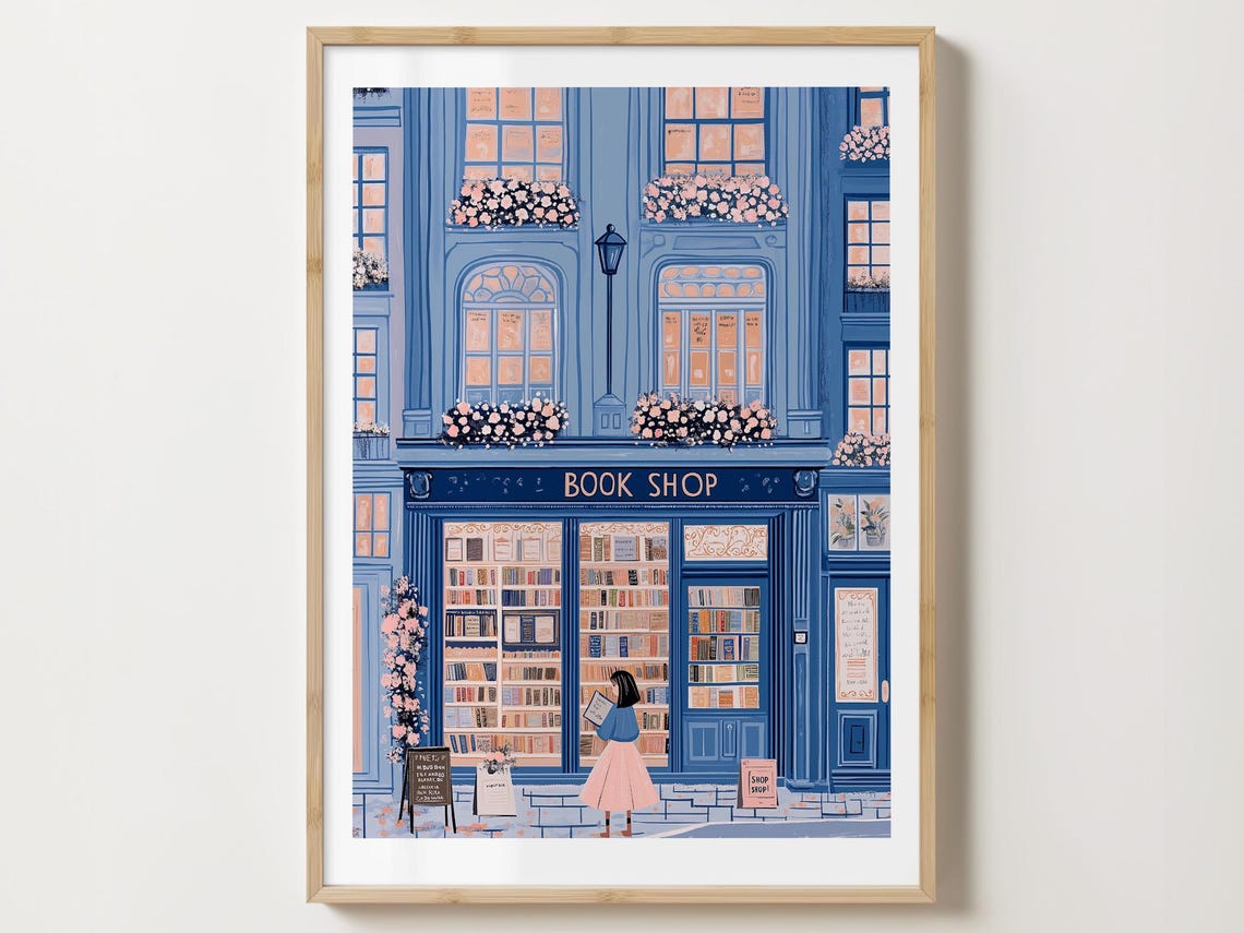 Blue Bookshop Storefront With A Woman Reader On Blossom Street Poster