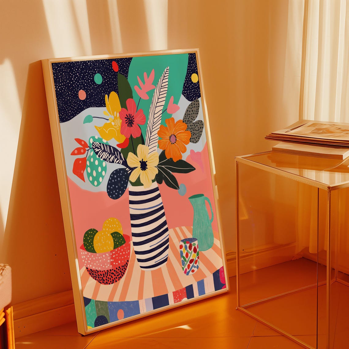 Naive Floral Still Life in Striped Vase With Lemons Wall Art - Image 2