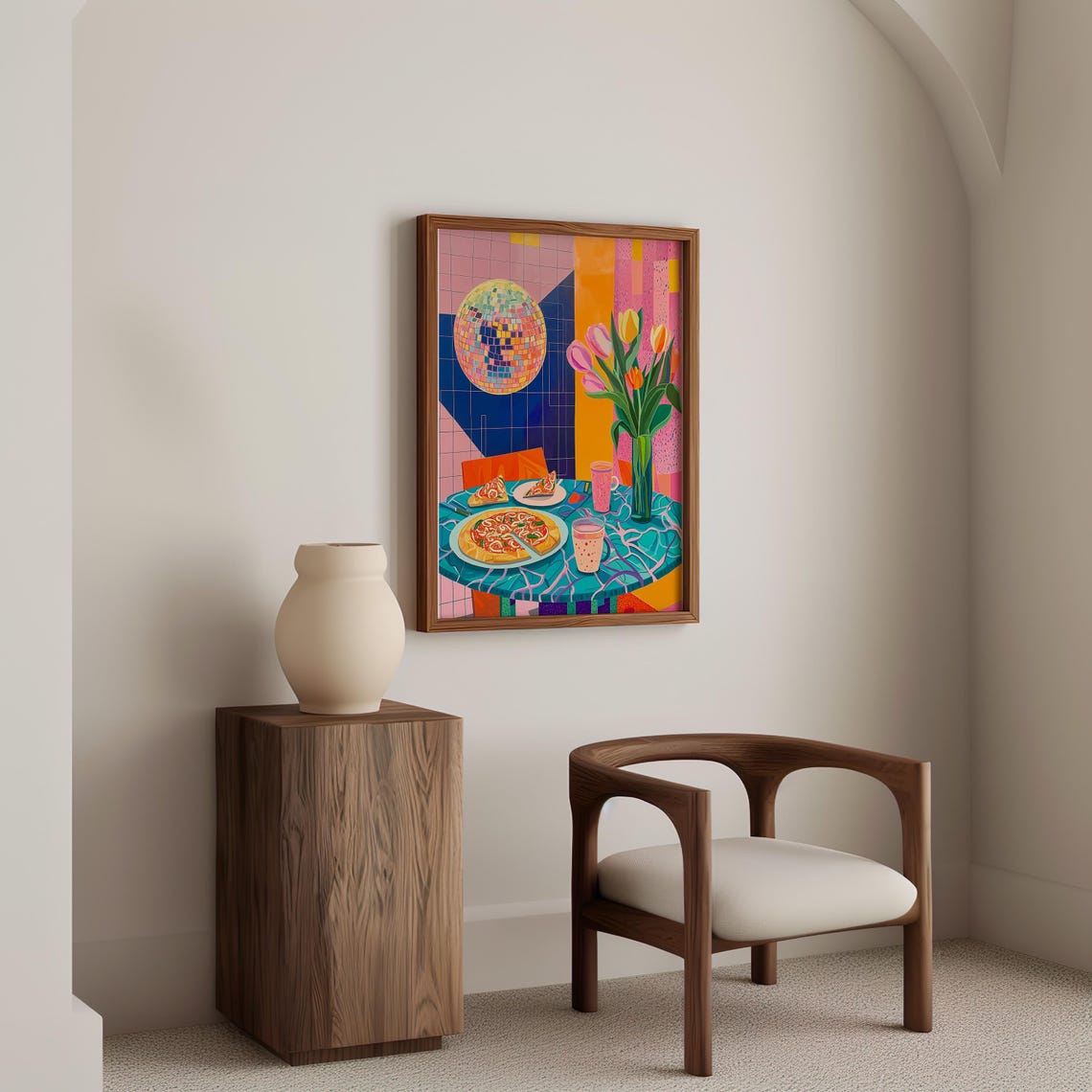 Retro Pizza Night Scene With Disco Ball and Fresh Tulips Wall Art - Image 4