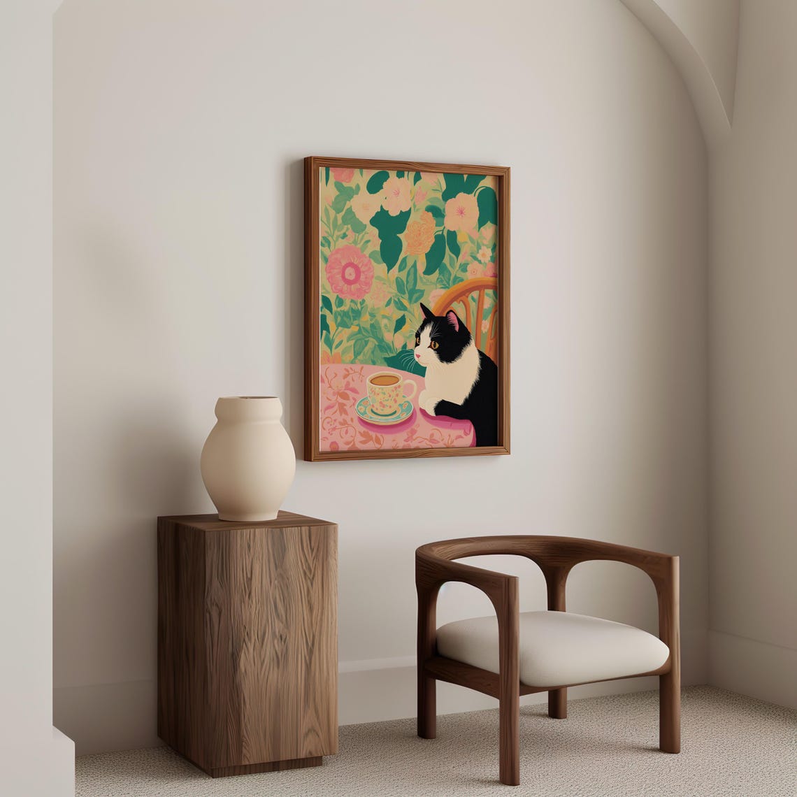 Black And White Cat Holding A Tea Cup At A Floral Table Poster - Image 3