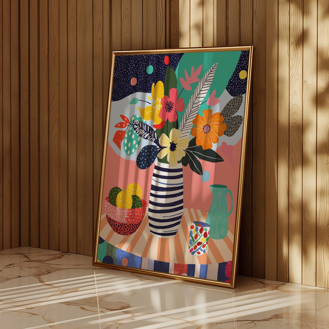 Naive Floral Still Life in Striped Vase With Lemons Wall Art - Image 6