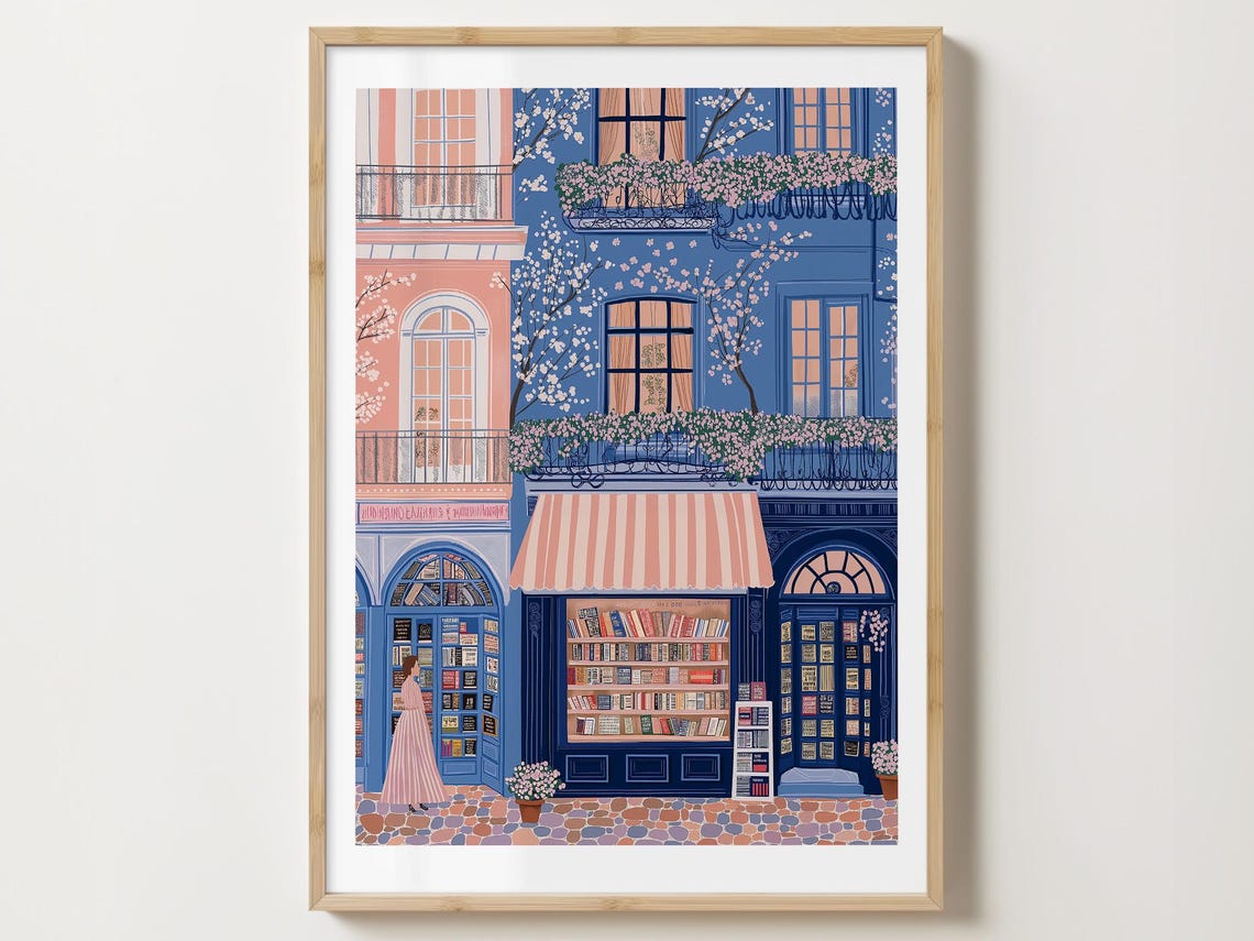 Bookshop With Pink Striped Awning And Flowering Cherry Trees Poster