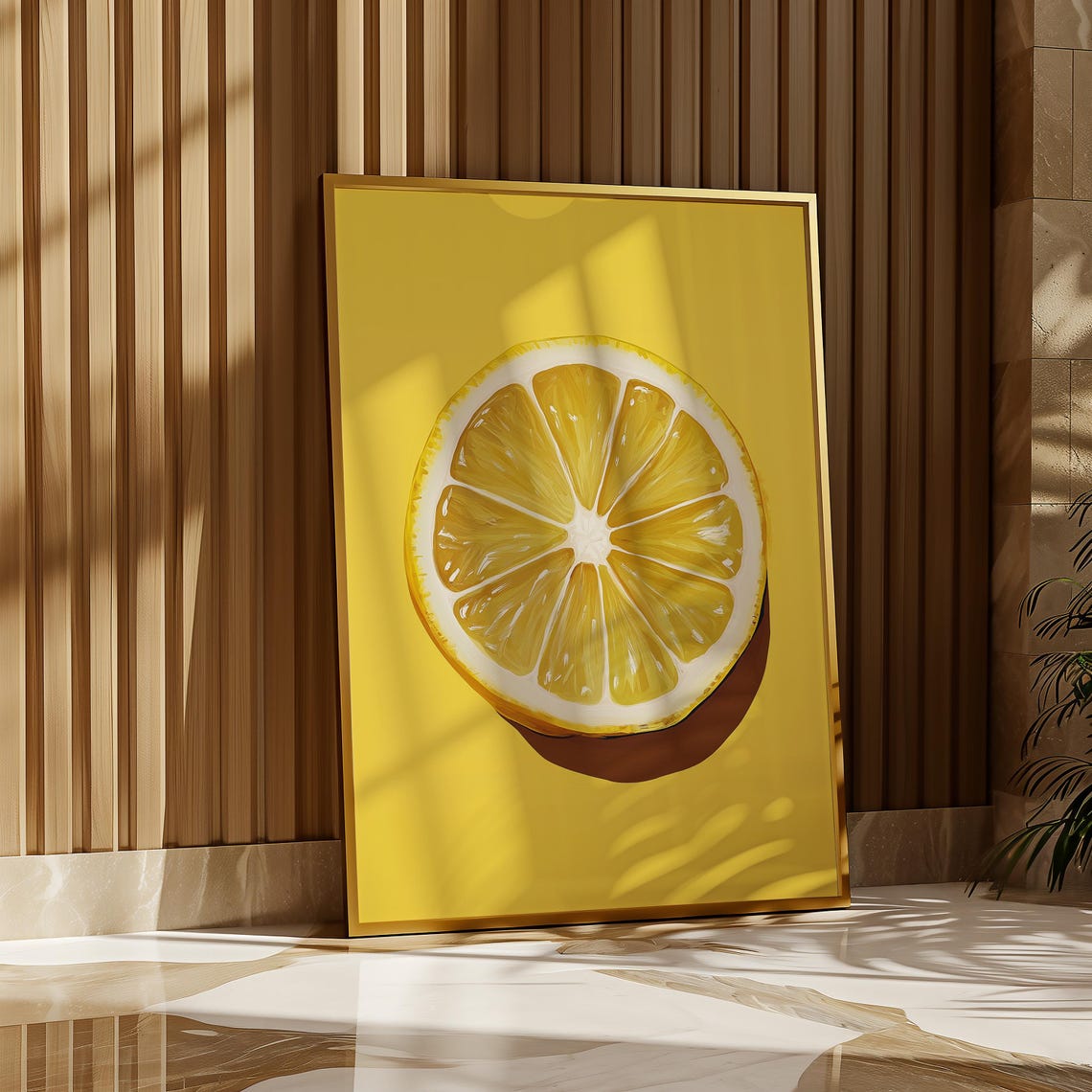 Juicy Lemon Half Slice On A Bright Yellow Painterly Art Poster - Image 2