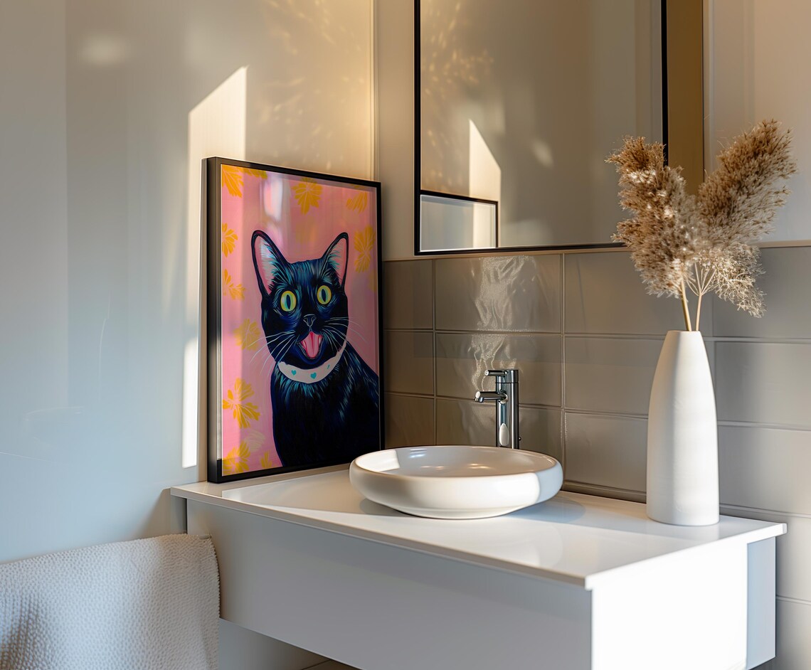 Happy Black Cat With Tongue Out on a Pink Floral Background Poster - Image 6