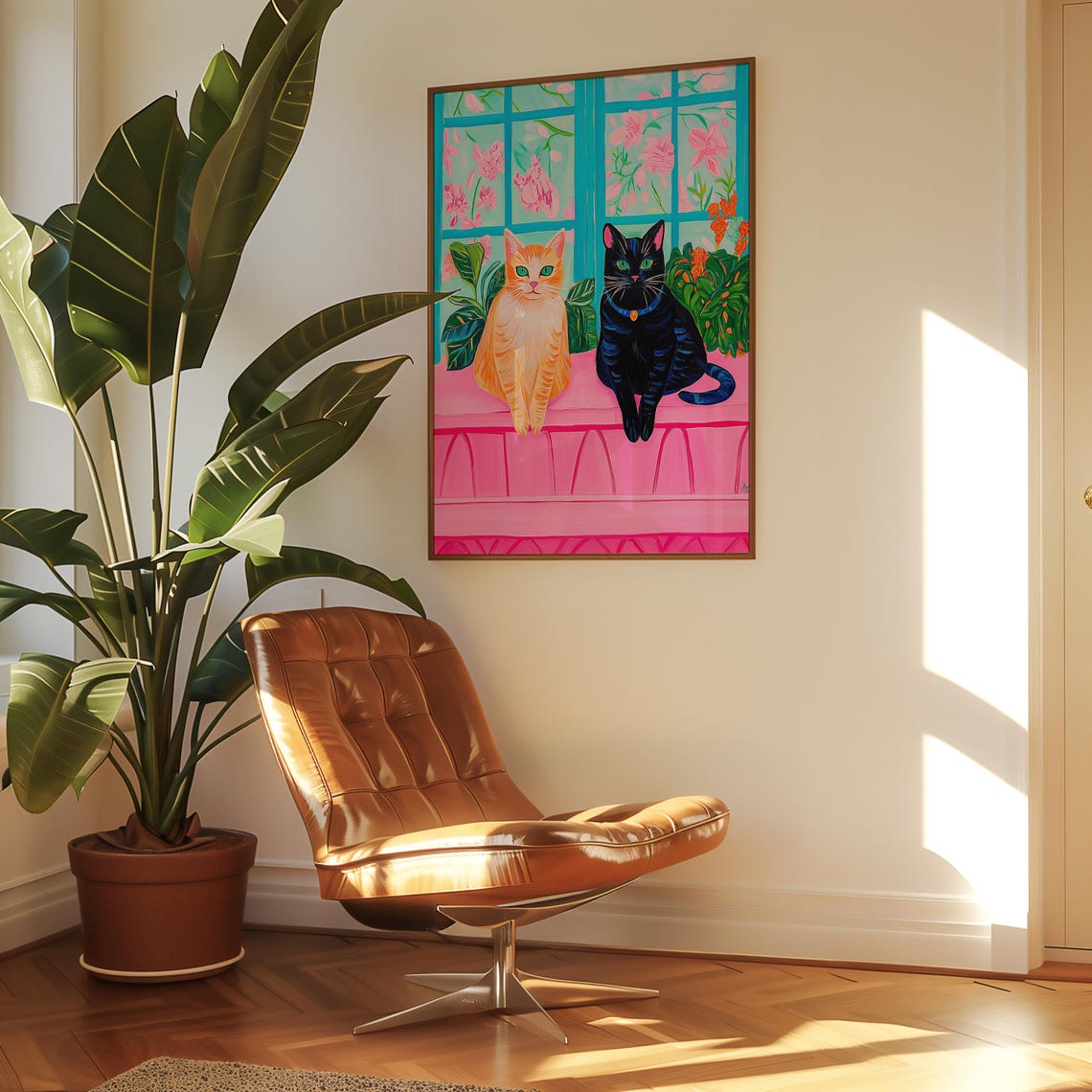 Ginger and Black Cats on a Pink Ledge by Floral Window Poster - Image 3