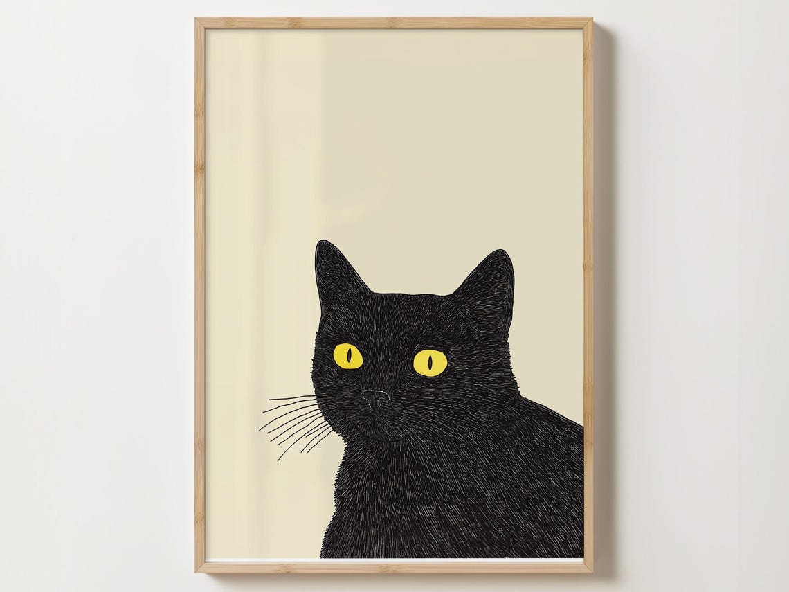 Black Cat Face With Bright Yellow Eyes Minimal Cream Art Poster