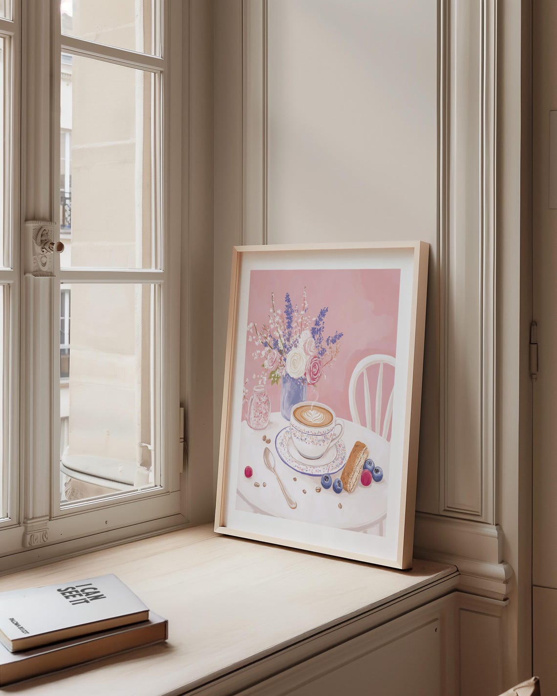 Latte Art Cup with Biscotti and Flowers Soft Pink Coffee Poster - Image 3