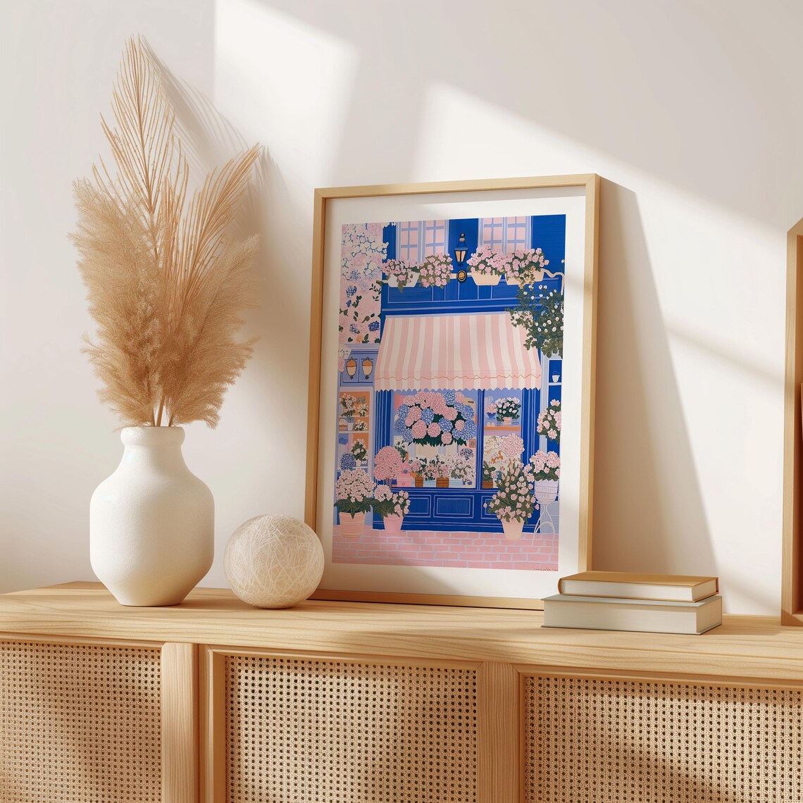 Cobalt Blue Flower Shop With Hydrangeas and Striped Awning Print - Image 2