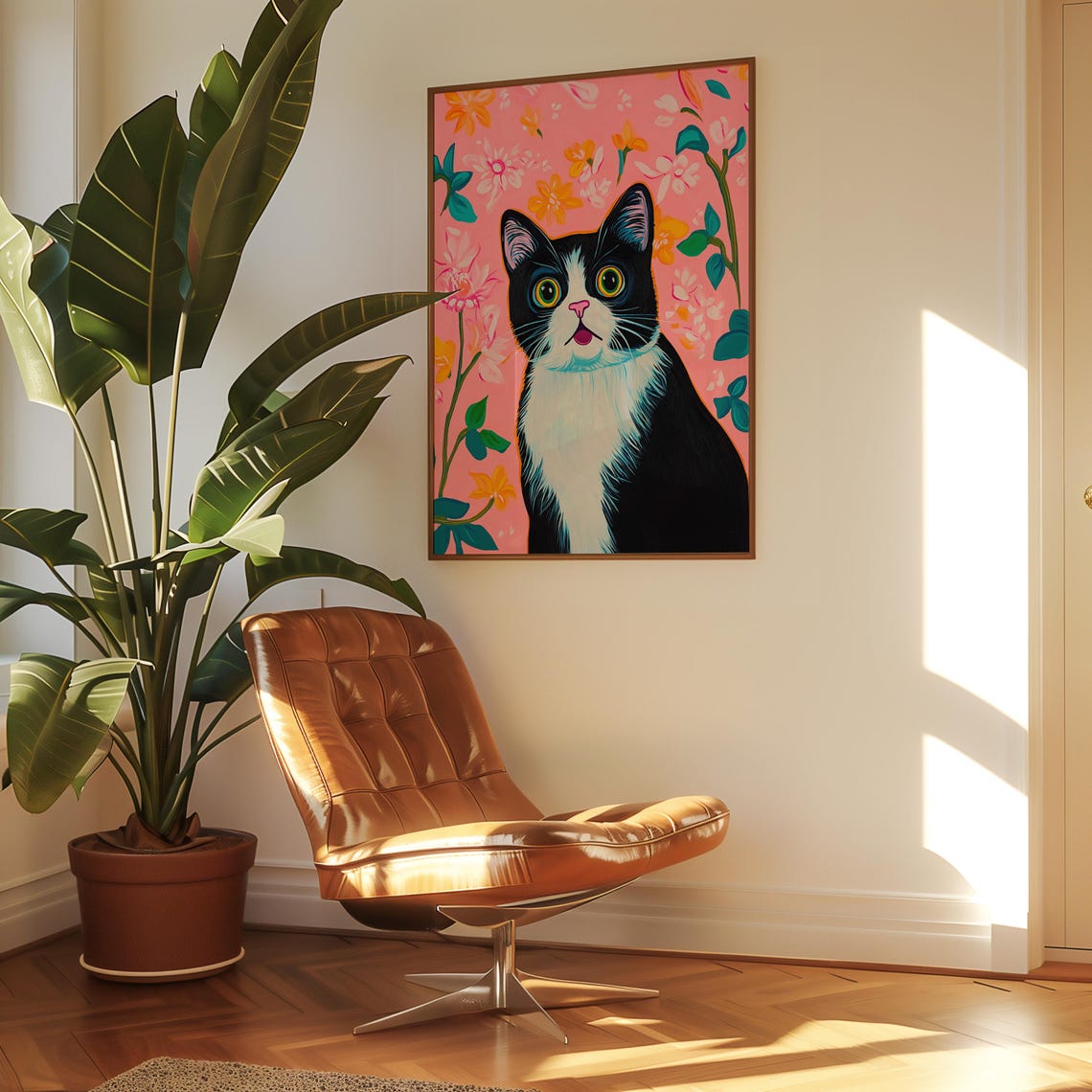 Surprised Black and White Tuxedo Cat Face on Pink Floral Poster - Image 3