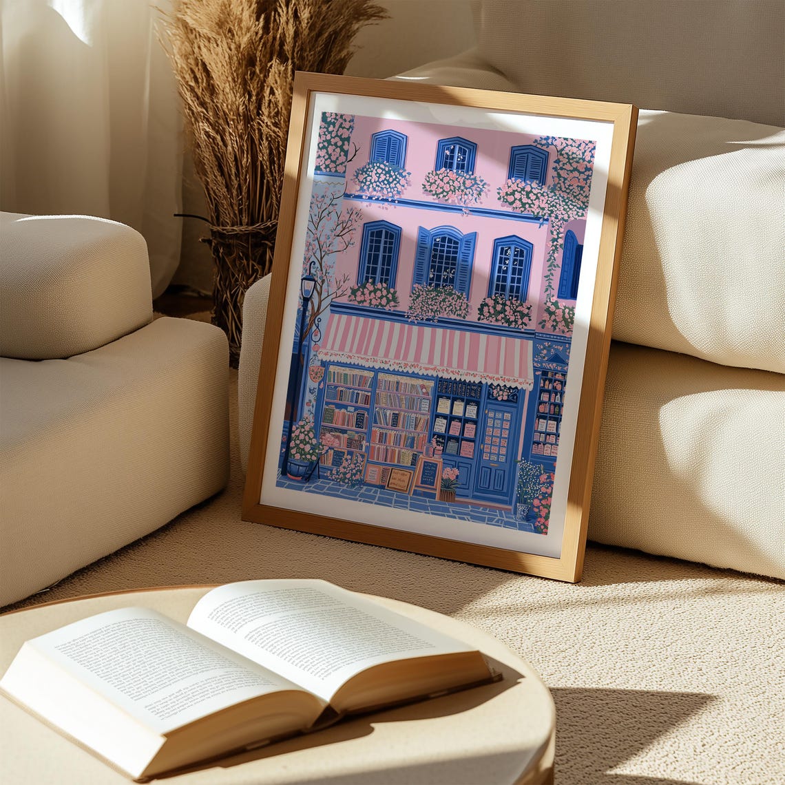 Pink Bookshop With Striped Awning Climbing Roses And Lantern Poster - Image 4