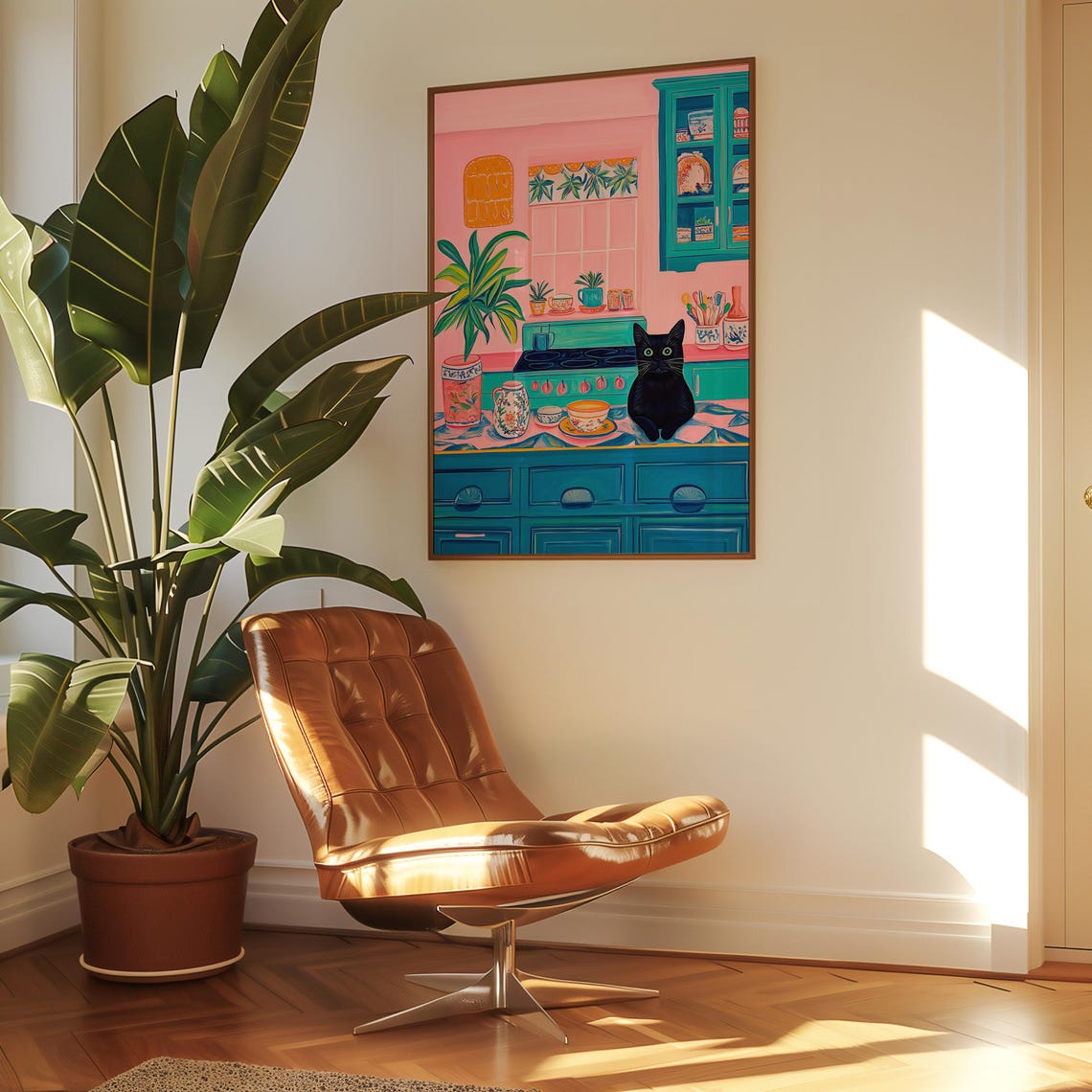 Black Cat Relaxing in a Cheerful Pink and Teal Kitchen Art Poster - Image 3