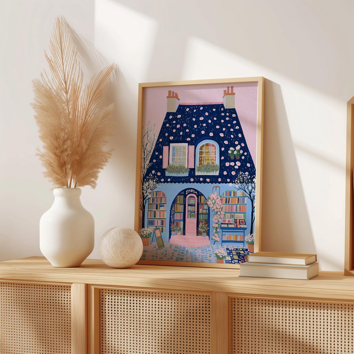 Pink Parisian Bookshop Cottage With Rose Covered Navy Roof Print - Image 4