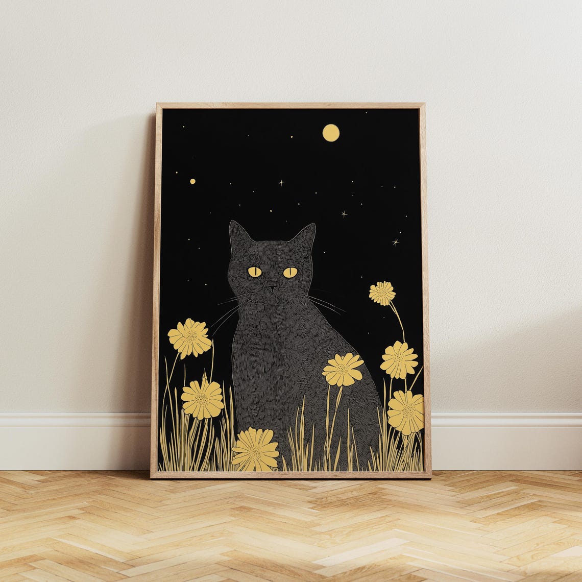 Black Cat Among Yellow Flowers Under A Moonlit Starry Night Poster - Image 4
