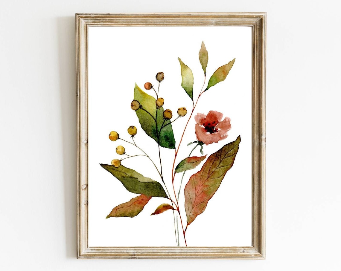 Large Floral Watercolor Print, Rustic Fall Flowers