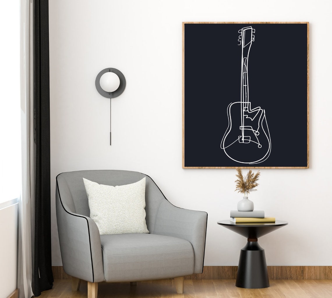 Black And White Minimalist Guitar Line Art Music Prints Outline Drawing Simple Sketch Stringed Instrument Artwork